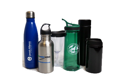 Back-end Water Bottle Freemiums - Fundraising Gift Ideas for Non-Profits, Businesses, and Corporations. Water Bottle and mug fundraising gift stainless steel water bottles, plastic water bottles, and ceramic mugs.